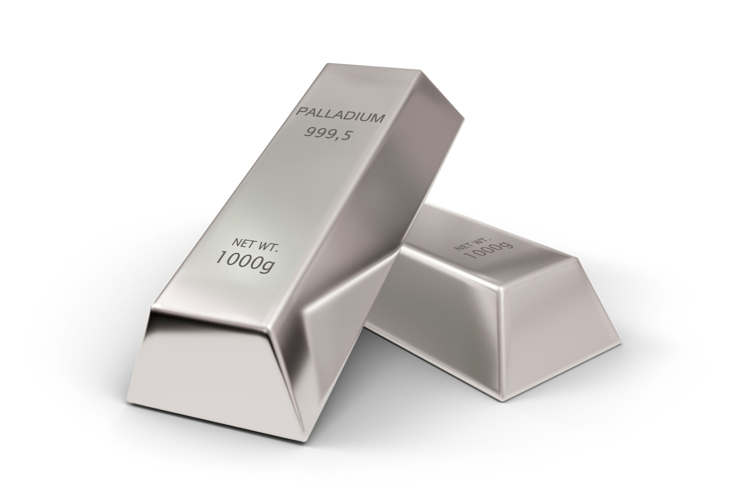Two shiny palladium ingots or bars over white background - precious metal or money investment concept, 3D illustration